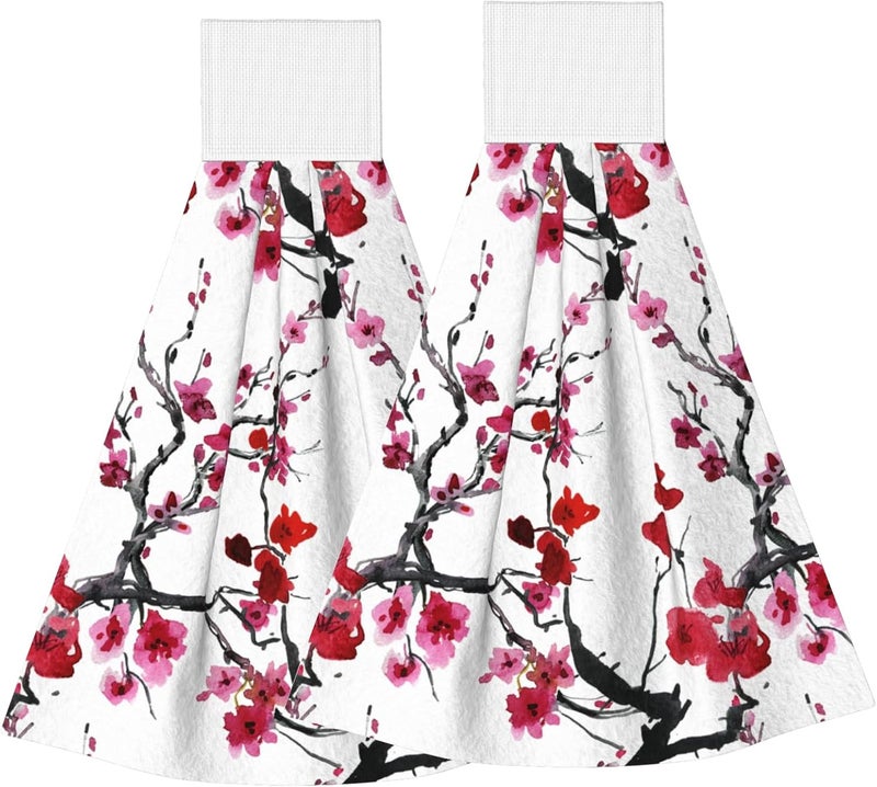 PDDCWAY Cherry Blossom Kitchen Hanging Towels 2Pcs Pink Plum Flower Hand Tie Towels with Loop, Cute Ink Painting Blooming Floral Dish Cloth Towel Fast Drying for Kitchen Bathroom Farmhouse Home Decor - Image 1